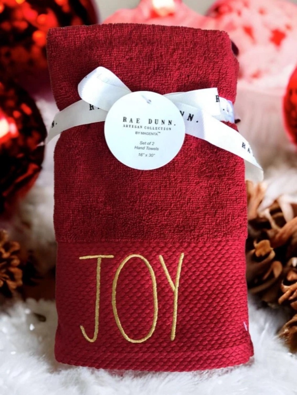 Rae Dunn Christmas Joy Hand Towels Set of 2 Guest Bath Red Gold Embroidered